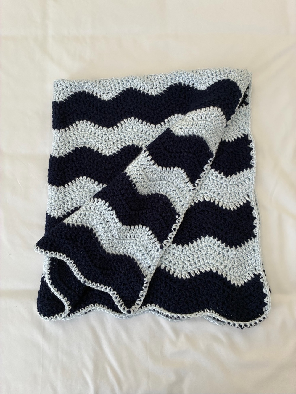 Handmade Crochet Ripple Baby Blanket – Navy and Gray Chevron Afghan 35" x 30"